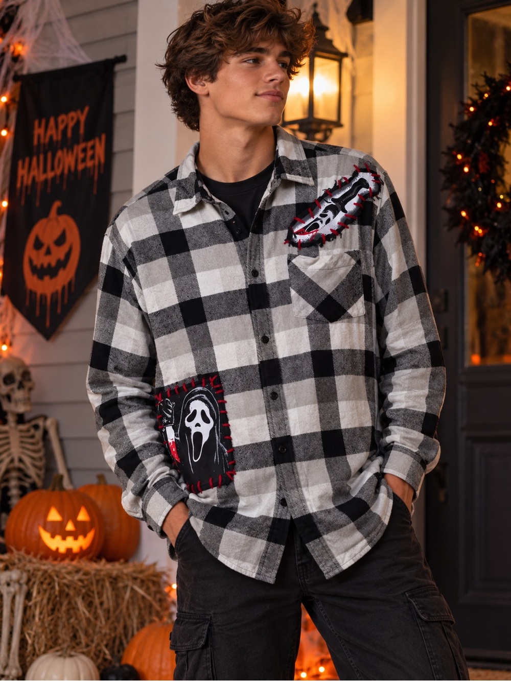 Ghost Face Scream Flannel Shirt XL Plaid Patch Halloween Horror Movie Slasher